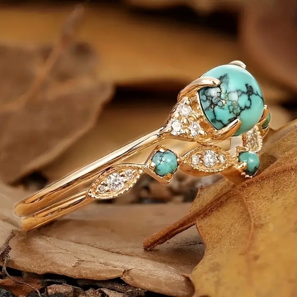 Turquoise Color Stone Gold Tone Stacking Ring Set (R33) - Picture 5 of 6